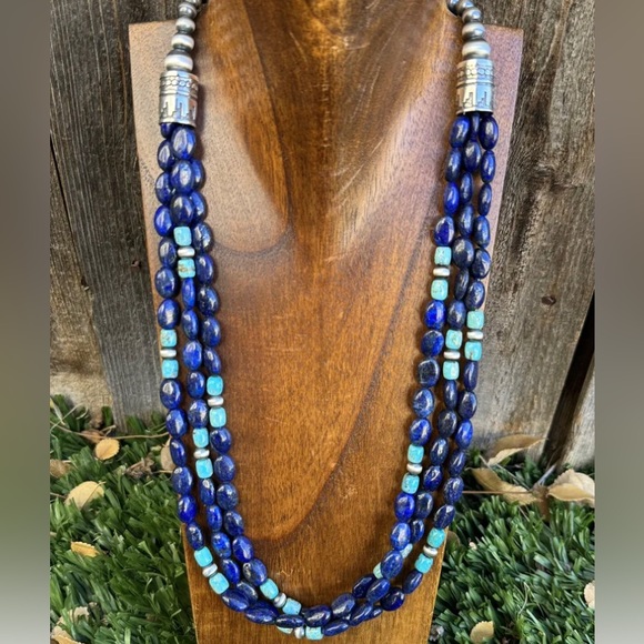 Sterling Silver Multi Strand LapisTurquoise Pearls Bead Necklace. 24 inch